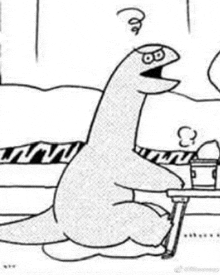 a black and white drawing of a dinosaur sitting on a couch with its mouth open .