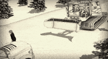 a black and white drawing of a snow plow pulling a car