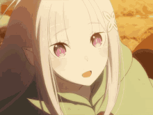 a girl with white hair and purple eyes has a flower on her head