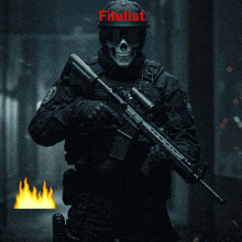 a man with a skull on his face holding a gun with the word filelist written above him
