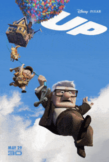 a poster for disney pixar 's up shows a man falling through the air