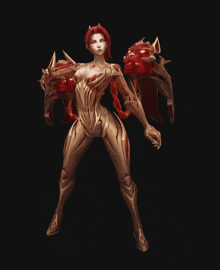 a woman with red hair and gold armor is standing in front of a dark background