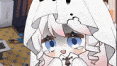 a drawing of a girl with white hair and blue eyes covering her head with a white cloth