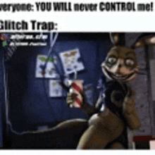 a picture of a rabbit holding a drink in a room with the words `` everyone , you will never control me ! ''