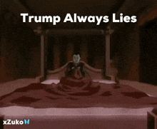 a cartoon of a man running with the words trump always lies behind him