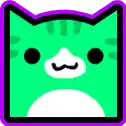 a green cat with a purple border and a white nose and mouth .