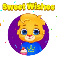 a cartoon of a lion holding a cupcake with the words sweet wishes above him