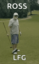 an elderly man is holding a golf club on a golf course .