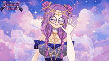 a woman with purple hair and glasses is standing in front of a mama lumi banner