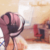 a drawing of a girl in a room with a red chair in the background