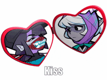 a heart shaped mirror with a picture of a man and a woman and the word kiss underneath