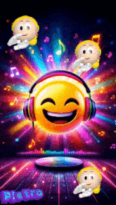 a smiley face wearing headphones is surrounded by music notes