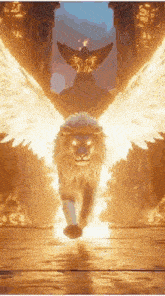 a lion with wings is running through a tunnel of fire
