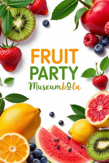a poster advertising a fruit party at the museum of la