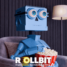 a robot sitting on a couch holding a popcorn bucket with the words rollbit on the bottom right