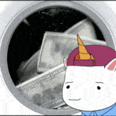 a cartoon of a unicorn wearing a pink hat washing money in a washing machine