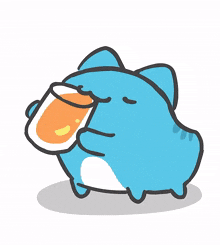 a blue cartoon cat is holding a cup of orange liquid