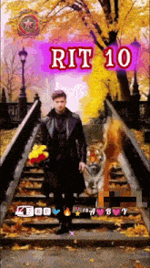 a painting of a man holding flowers and a tiger with rit 10 written on the bottom