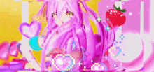 a pixel art of a girl with long pink hair and a strawberry .