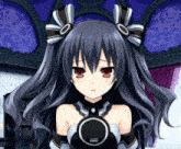 a black haired anime girl with red eyes and a circle on her chest