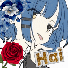 a picture of a girl with blue hair and the word hai