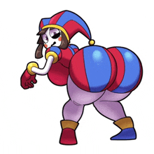 a cartoon character with a big butt is wearing a jester hat .
