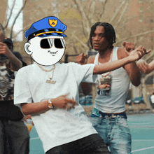 a man wearing sunglasses and a police hat has a cartoon face on his head