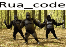 a group of gorillas are dancing in the woods with the words rua_code below them