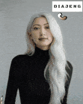 a woman with long white hair is wearing a black turtleneck and a diajeng logo