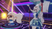 a girl in a blue dress is singing into a microphone while a cartoon character stands behind her