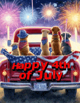 four dogs are sitting in the back of a red truck with the words happy 4th of july written on it