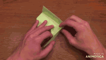 a person is making an origami bird with a green paper