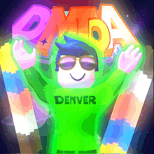 a cartoon character wearing sunglasses and a green sweater with the word denver on it