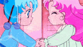 a blue and a pink girl are holding hands in a cartoon
