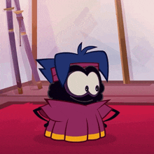a cartoon character with blue hair is wearing a purple and yellow dress