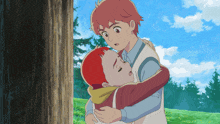 a boy with red hair is hugging another boy in front of a tree