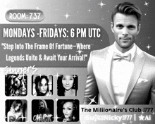 a poster for the millionaire 's club showing a man in a tuxedo
