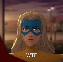a cartoon of a woman with a blue mask and the word wtf below her