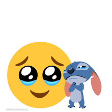 a crying stitch is standing next to a yellow smiley face with the word ohana on it