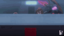 a girl with red hair and purple eyes is holding a sword in her hand .