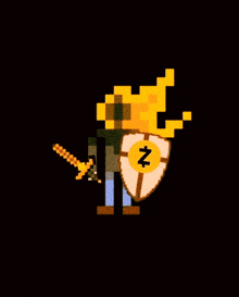 a pixel art of a man holding a sword and shield with a z on the shield