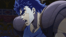 a close up of a cartoon character with blue hair and purple armor