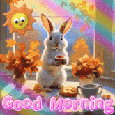 a rabbit is holding a cup of coffee in front of a window with the words good morning