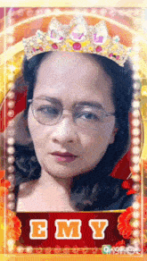 a woman wearing glasses and a crown with the name emy written on the bottom