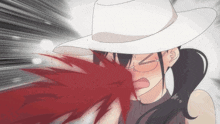a woman in a white hat has blood coming out of her face