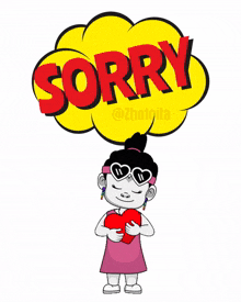 a cartoon of a girl holding a heart with a sorry speech bubble above her head