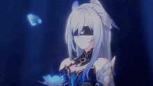 a girl with long white hair and blue eyes is holding a blue flower in her hand .