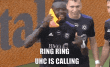 bmo ring ring uhc is calling is written on a soccer player 's jersey