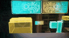 a computer generated image of a room with boxes and a blue and yellow screen