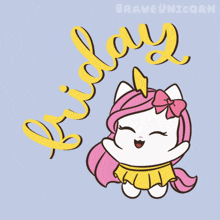 a drawing of a cat with pink hair and the words friday